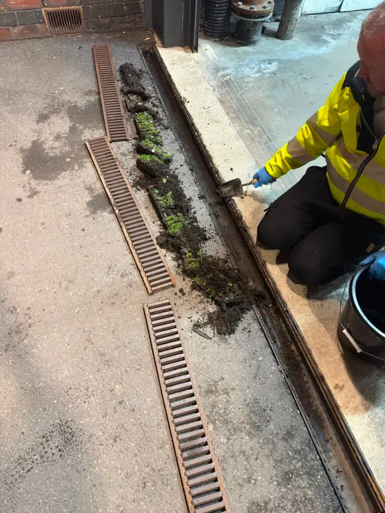Engineer clearing silt and weeds from a blocked channel drain in a service yard